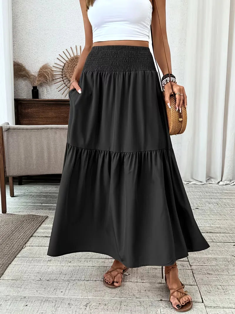 Women's Smocked Waist Tiered Maxi Skirt with A-Line Silhouette