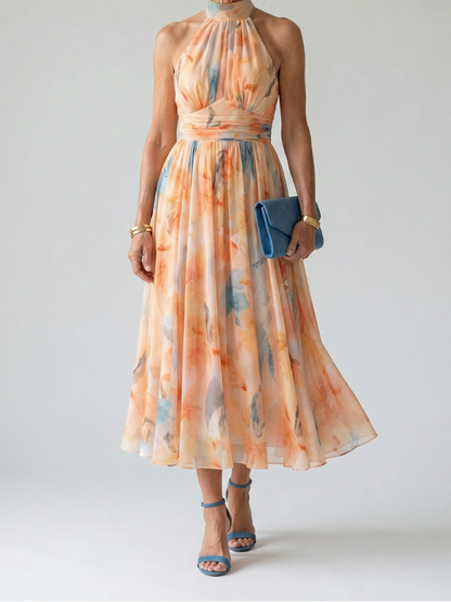 Women's Soft Halter Midi Dress with Gathered Neckline and Defined Waist