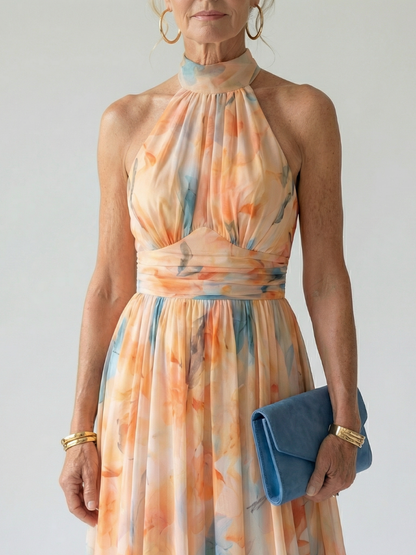 Women's Soft Halter Midi Dress with Gathered Neckline and Defined Waist