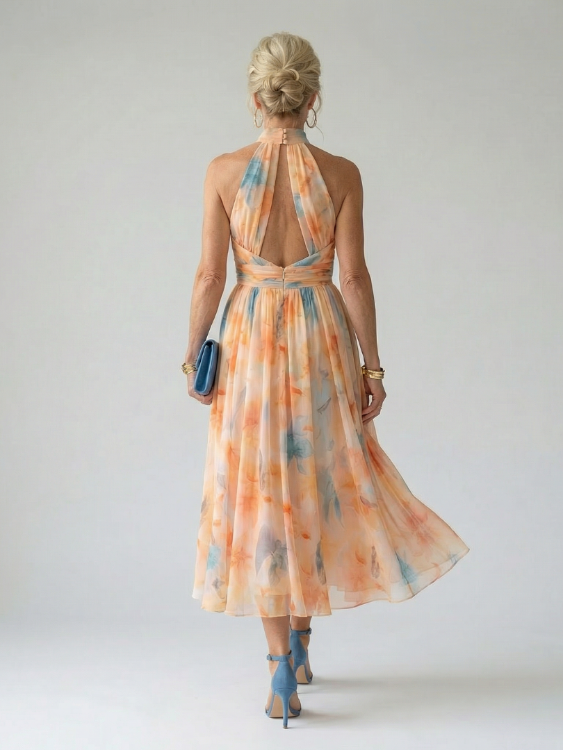 Women's Soft Halter Midi Dress with Gathered Neckline and Defined Waist