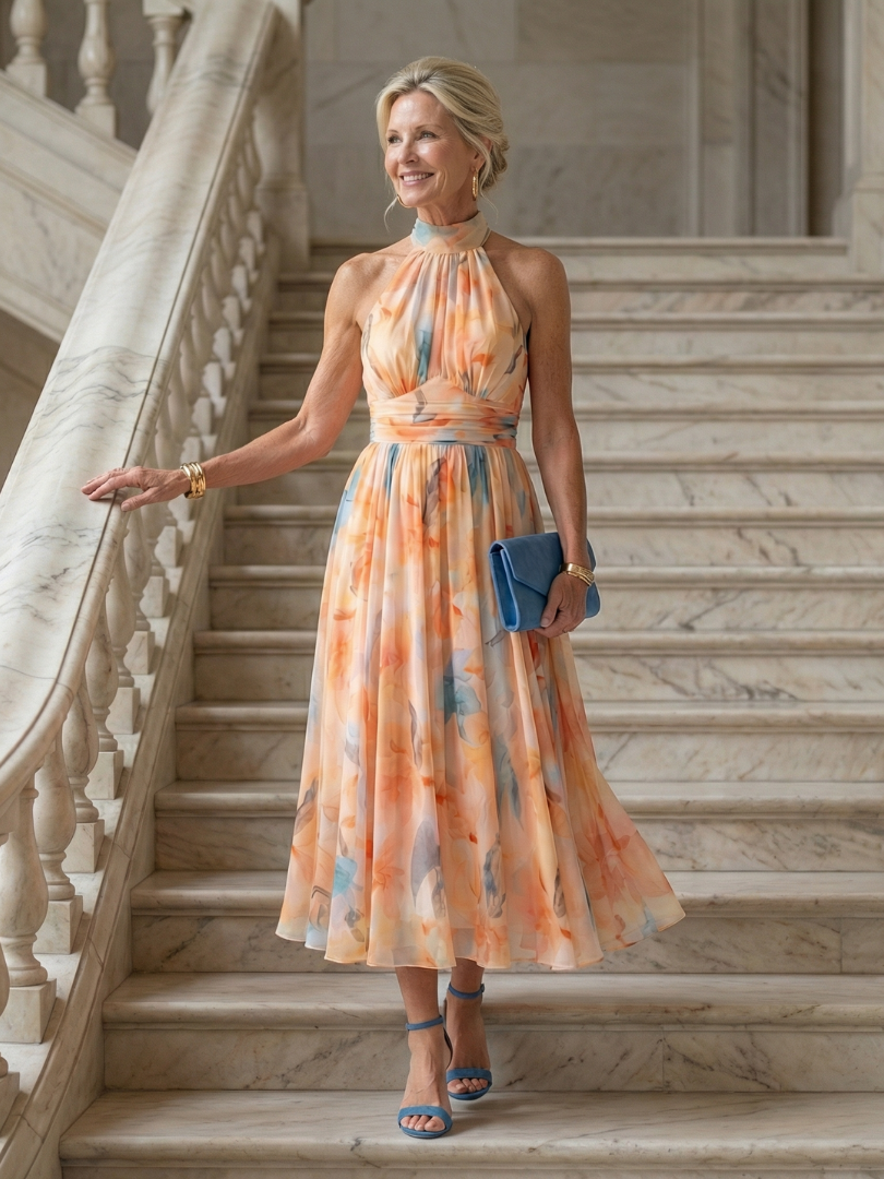 Women's Soft Halter Midi Dress with Gathered Neckline and Defined Waist
