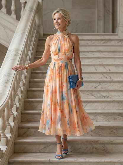 Women's Soft Halter Midi Dress with Gathered Neckline and Defined Waist