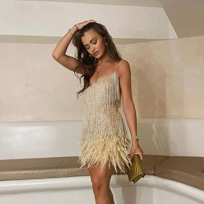 Women's Spaghetti Strap Sequin Mini Dress with Fitted Waist and Glamour Finish