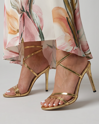 Women's Stiletto Heel Sandals with Metallic Wrap Straps