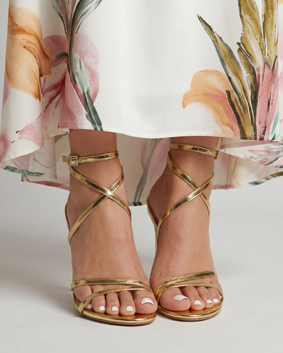 Women's Stiletto Heel Sandals with Metallic Wrap Straps