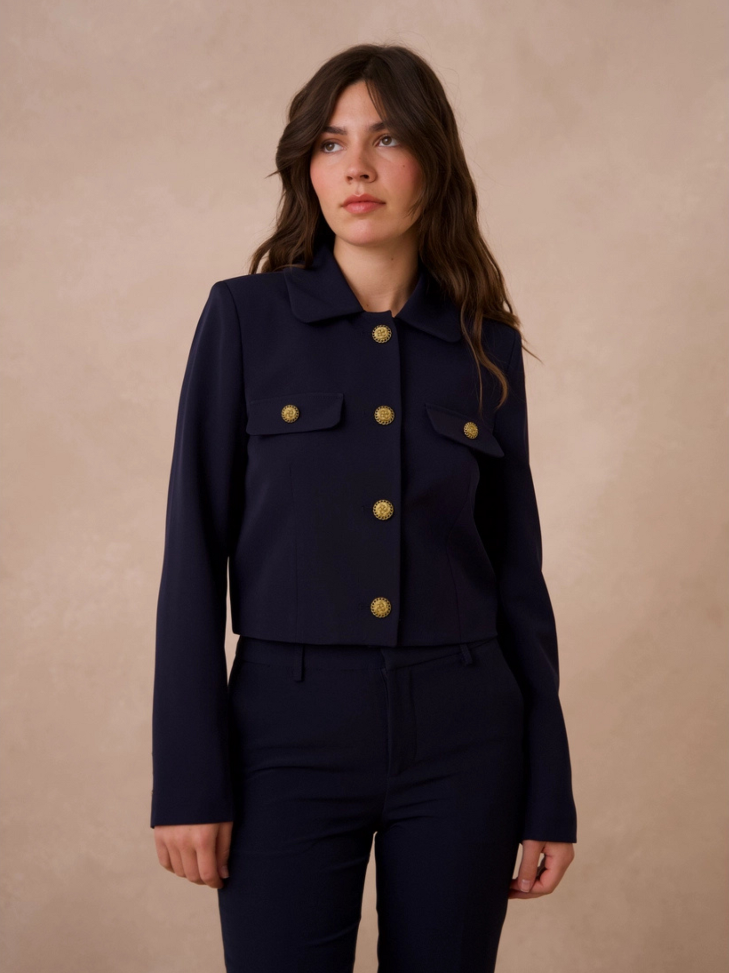 Women's Straight-Cut Blazer Jacket with Gold Buttons and Tailored Silhouette