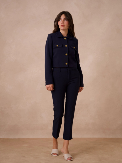Women's Straight-Cut Blazer Jacket with Gold Buttons and Tailored Silhouette