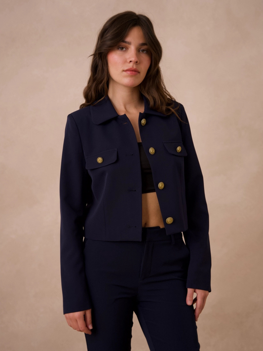 Women's Straight-Cut Blazer Jacket with Gold Buttons and Tailored Silhouette