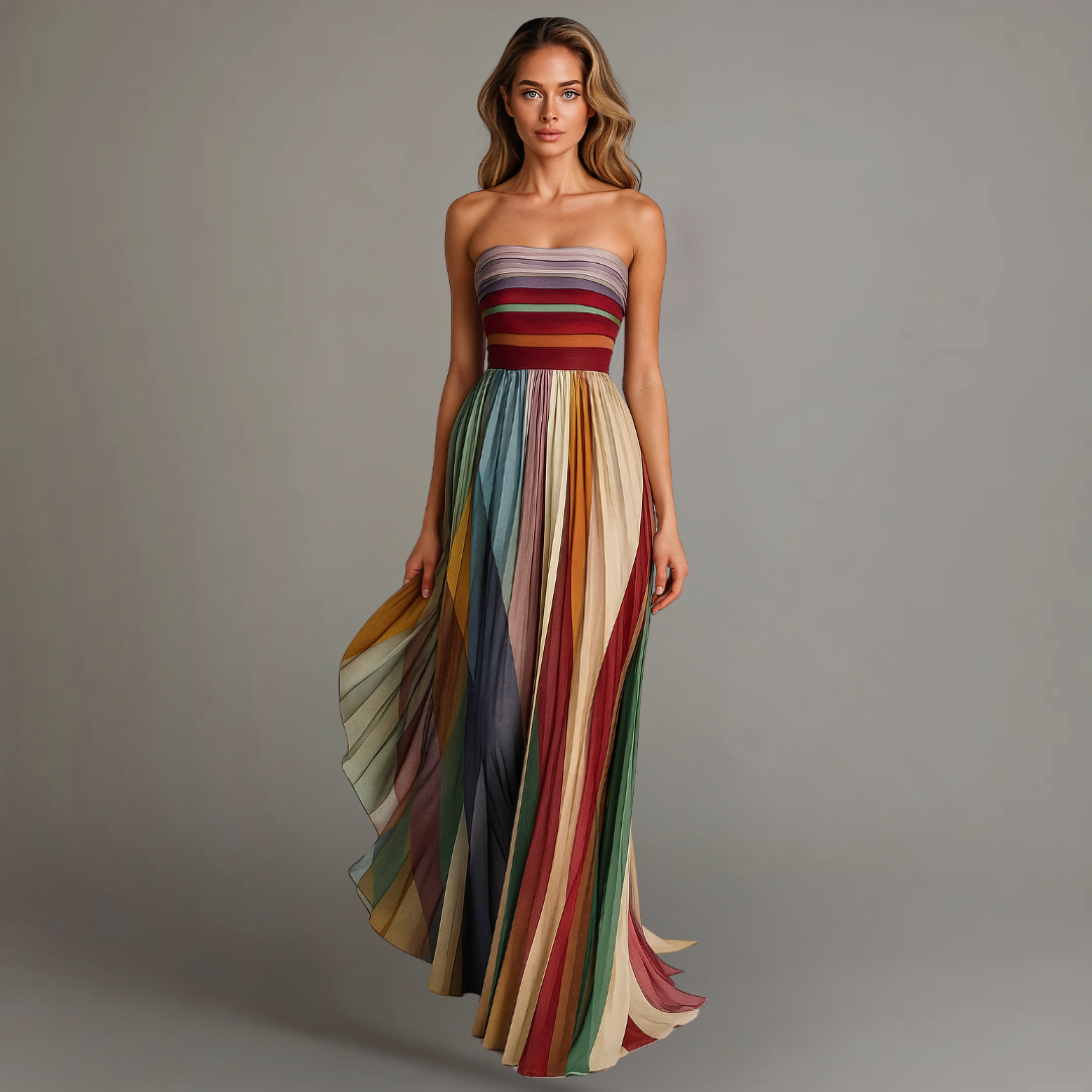 Women's Strapless Colorful Pleated Maxi Dress with Ankle Length Hem