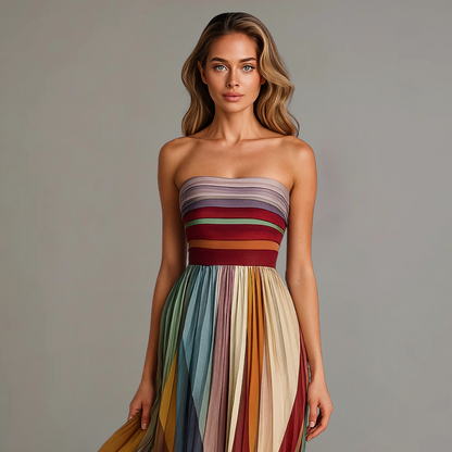 Women's Strapless Colorful Pleated Maxi Dress with Ankle Length Hem