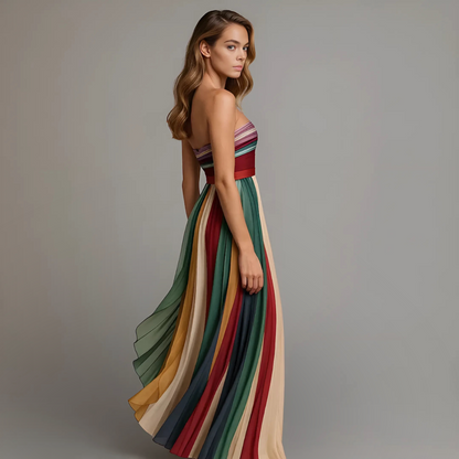 Women's Strapless Colorful Pleated Maxi Dress with Ankle Length Hem
