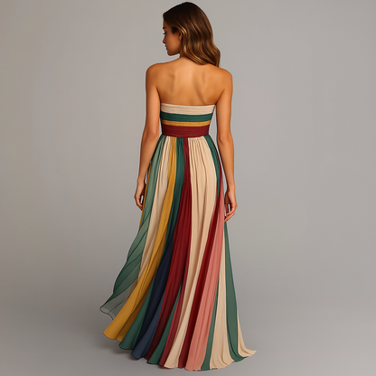 Women's Strapless Colorful Pleated Maxi Dress with Ankle Length Hem