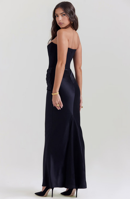 Women's Strapless Corset Maxi Dress with Satin Drape Waist
