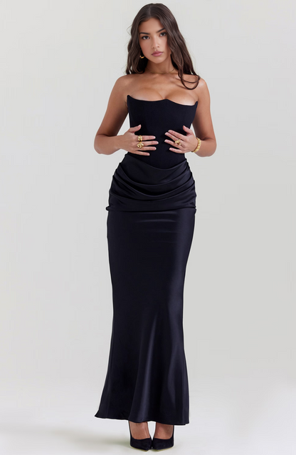Women's Strapless Corset Maxi Dress with Satin Drape Waist