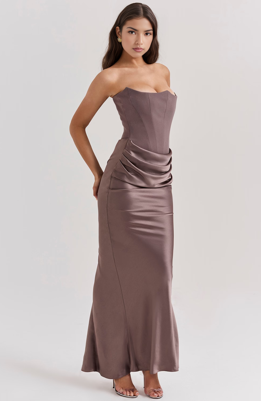 Women's Strapless Corset Maxi Dress with Satin Drape Waist