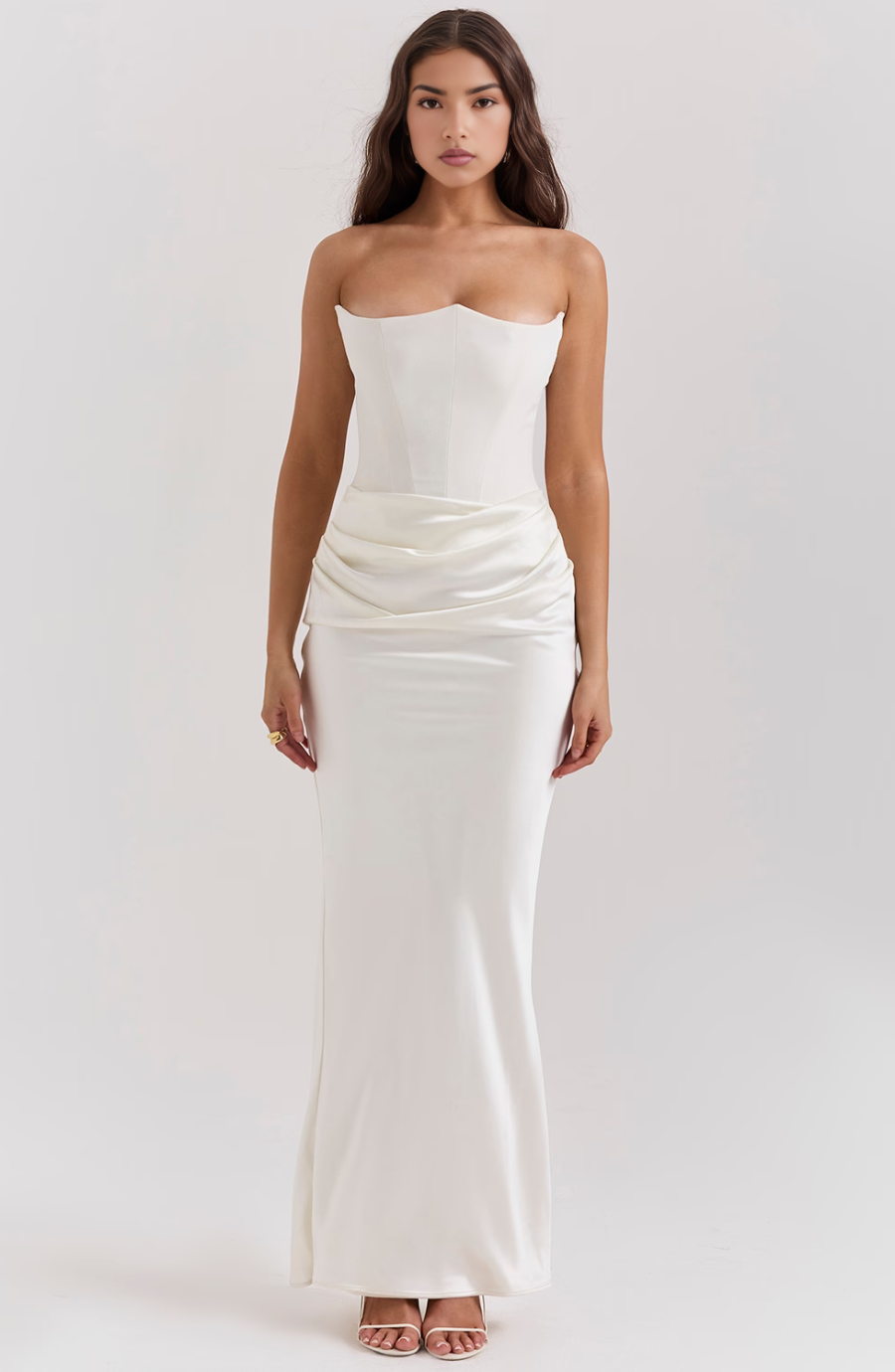 Women's Strapless Corset Maxi Dress with Satin Drape Waist