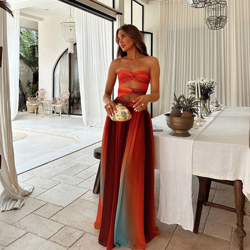 Women's Strapless Knot Front Maxi Dress with A-Line Skirt