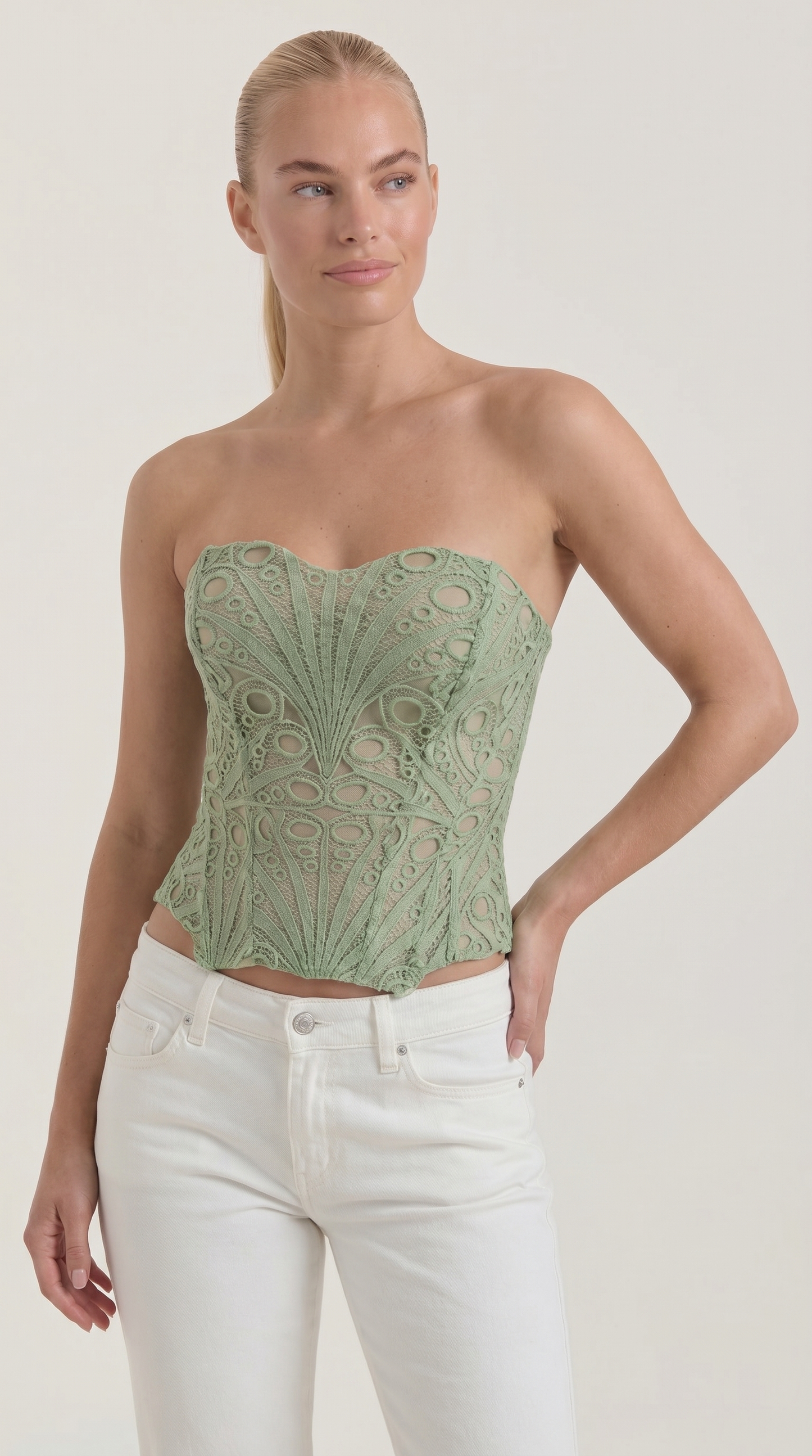 Women's Strapless Lace Corset Top with Heart Neckline and Structured Bodice