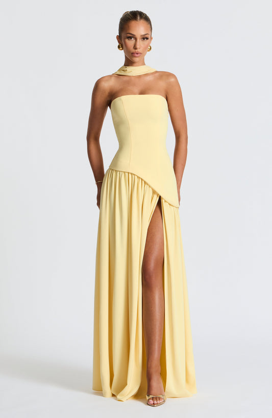 Women's Strapless Maxi Dress with Asymmetric Drape Waist and Front Slit