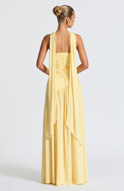 Women's Strapless Maxi Dress with Asymmetric Drape Waist and Front Slit