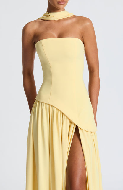 Women's Strapless Maxi Dress with Asymmetric Drape Waist and Front Slit
