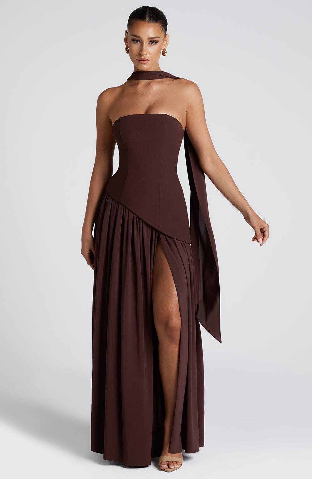 Women's Strapless Maxi Dress with Asymmetric Drape Waist and Front Slit