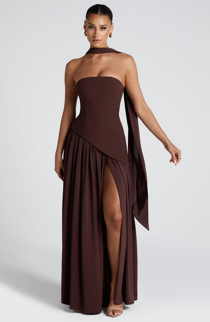 Women's Strapless Maxi Dress with Asymmetric Drape Waist and Front Slit