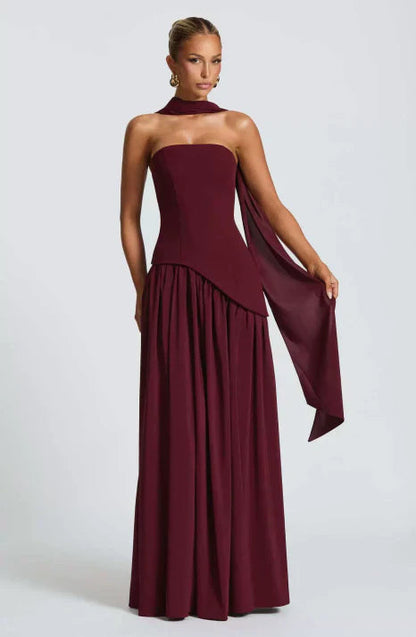 Women's Strapless Maxi Dress with Draped Neck Detail and Flowing Silhouette