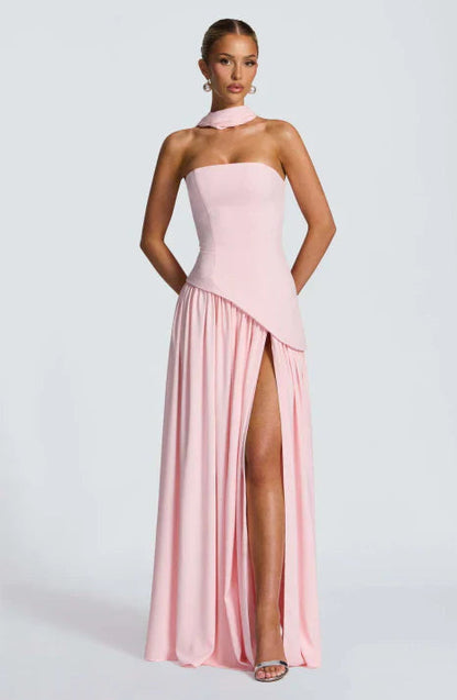 Women's Strapless Maxi Dress with Draped Neck Detail and Flowing Silhouette