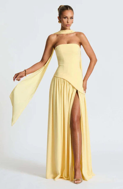 Women's Strapless Maxi Dress with Draped Neck Detail and Flowing Silhouette