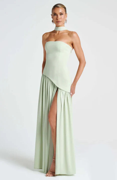 Women's Strapless Maxi Dress with Draped Neck Detail and Flowing Silhouette