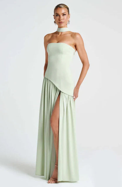 Women's Strapless Maxi Dress with Draped Neck Detail and Flowing Silhouette