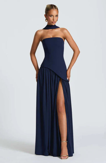 Women's Strapless Maxi Dress with Draped Neck Detail and Flowing Silhouette
