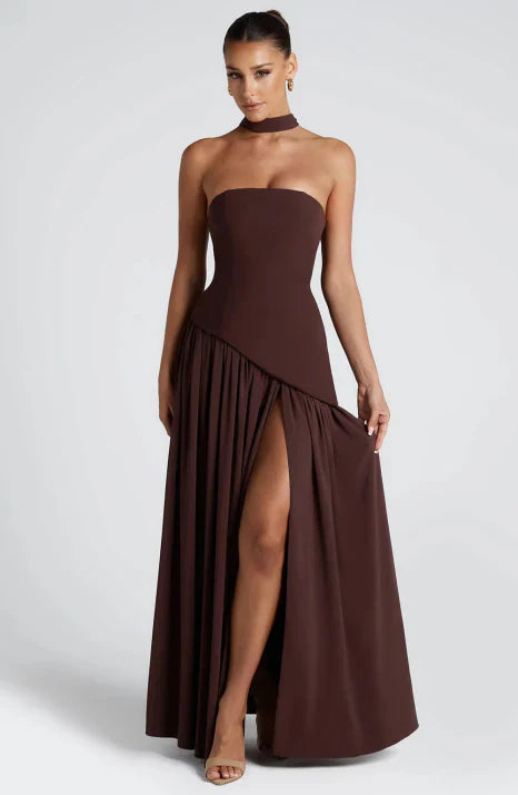Women's Strapless Maxi Dress with Draped Neck Detail and Flowing Silhouette