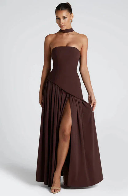 Women's Strapless Maxi Dress with Draped Neck Detail and Flowing Silhouette