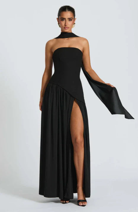 Women's Strapless Maxi Dress with Draped Neck Detail and Flowing Silhouette