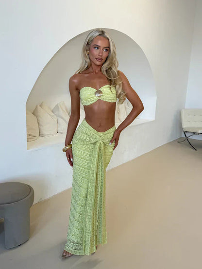 Women's Strapless Maxi Set with Gold Ring Detail and High Rise Wrap Skirt