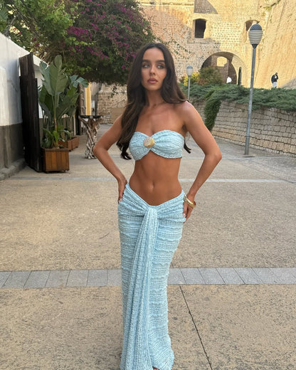 Women's Strapless Maxi Set with Gold Ring Detail and High Rise Wrap Skirt