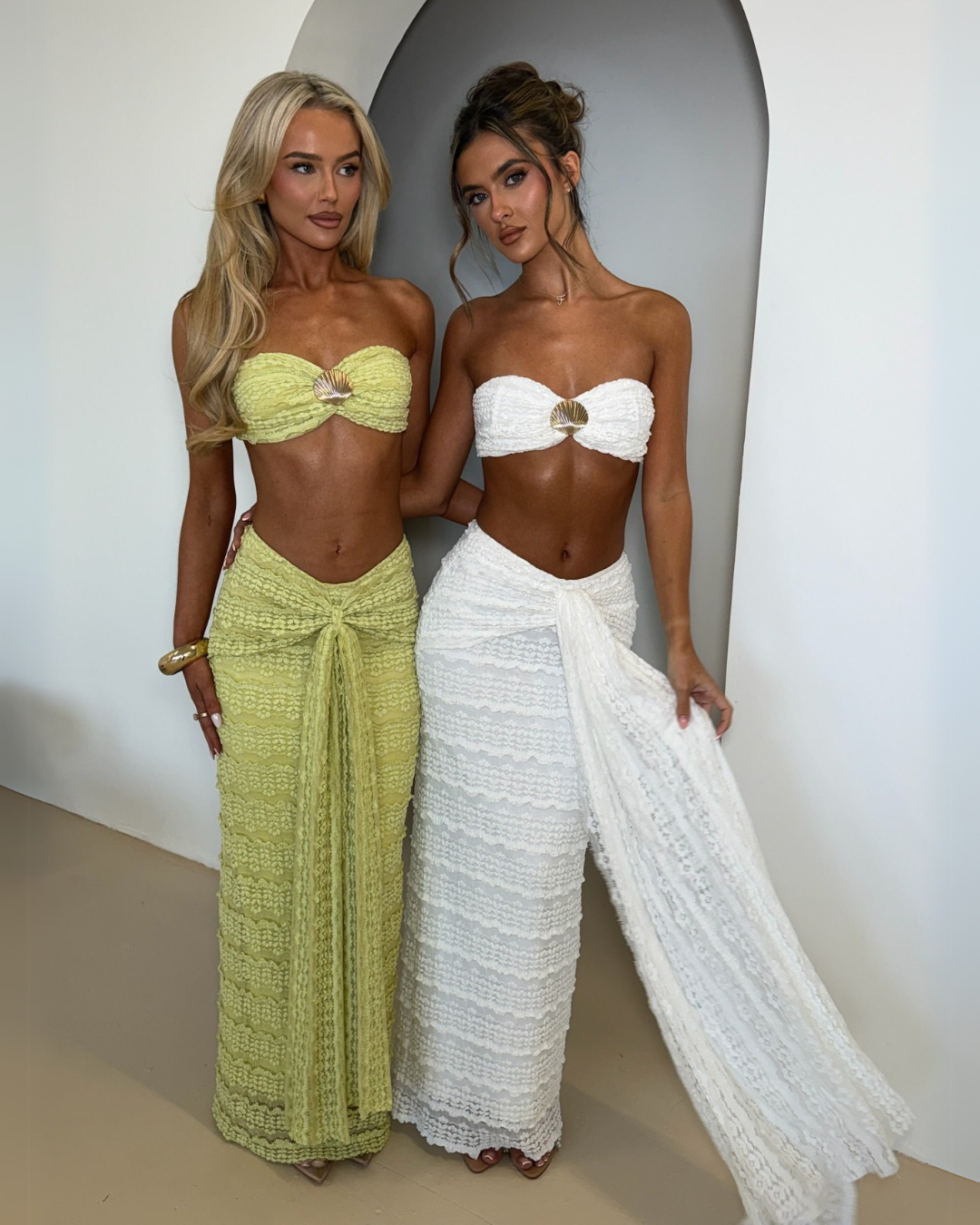 Women's Strapless Maxi Set with Gold Ring Detail and High Rise Wrap Skirt