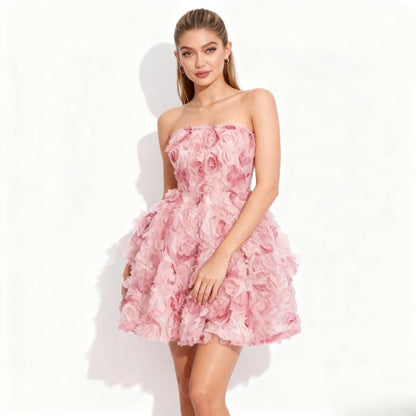 Women's Strapless 3D Rosette Mini Dress with Boned Bodice and A-Line Skirt