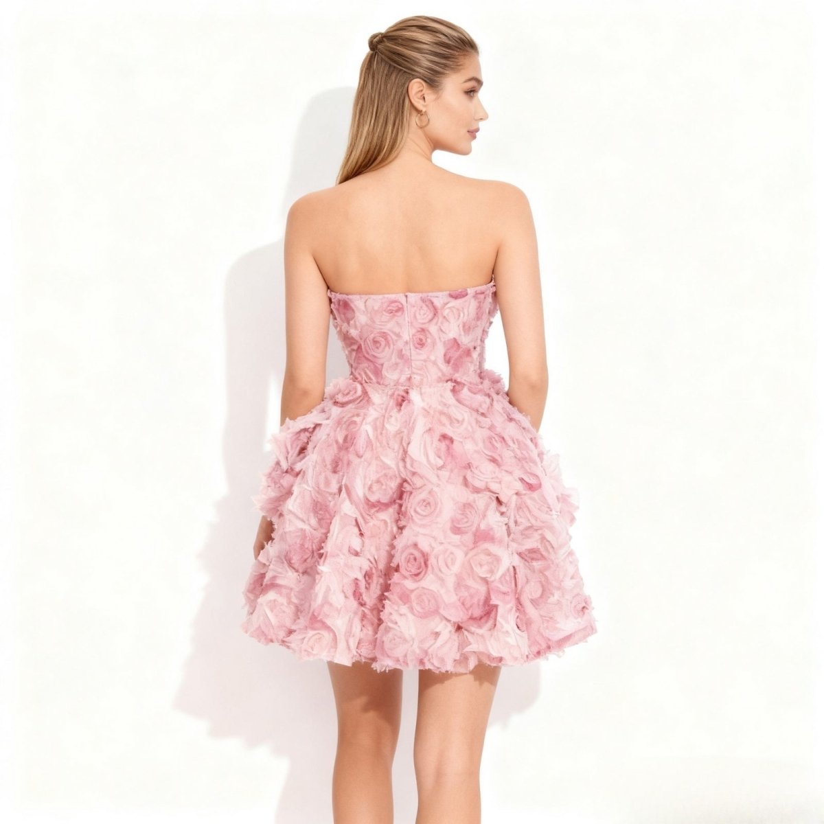 Women's Strapless 3D Rosette Mini Dress with Boned Bodice and A-Line Skirt