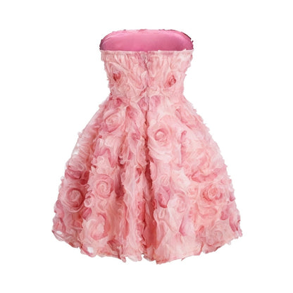 Women's Strapless 3D Rosette Mini Dress with Boned Bodice and A-Line Skirt