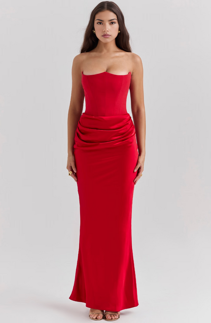 Women's Strapless Satin Maxi Dress with Structured Bodice and Flowing Length