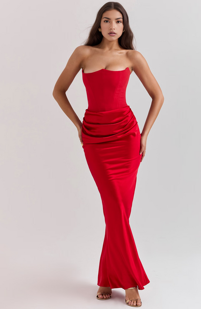 Women's Strapless Satin Maxi Dress with Structured Bodice and Flowing Length