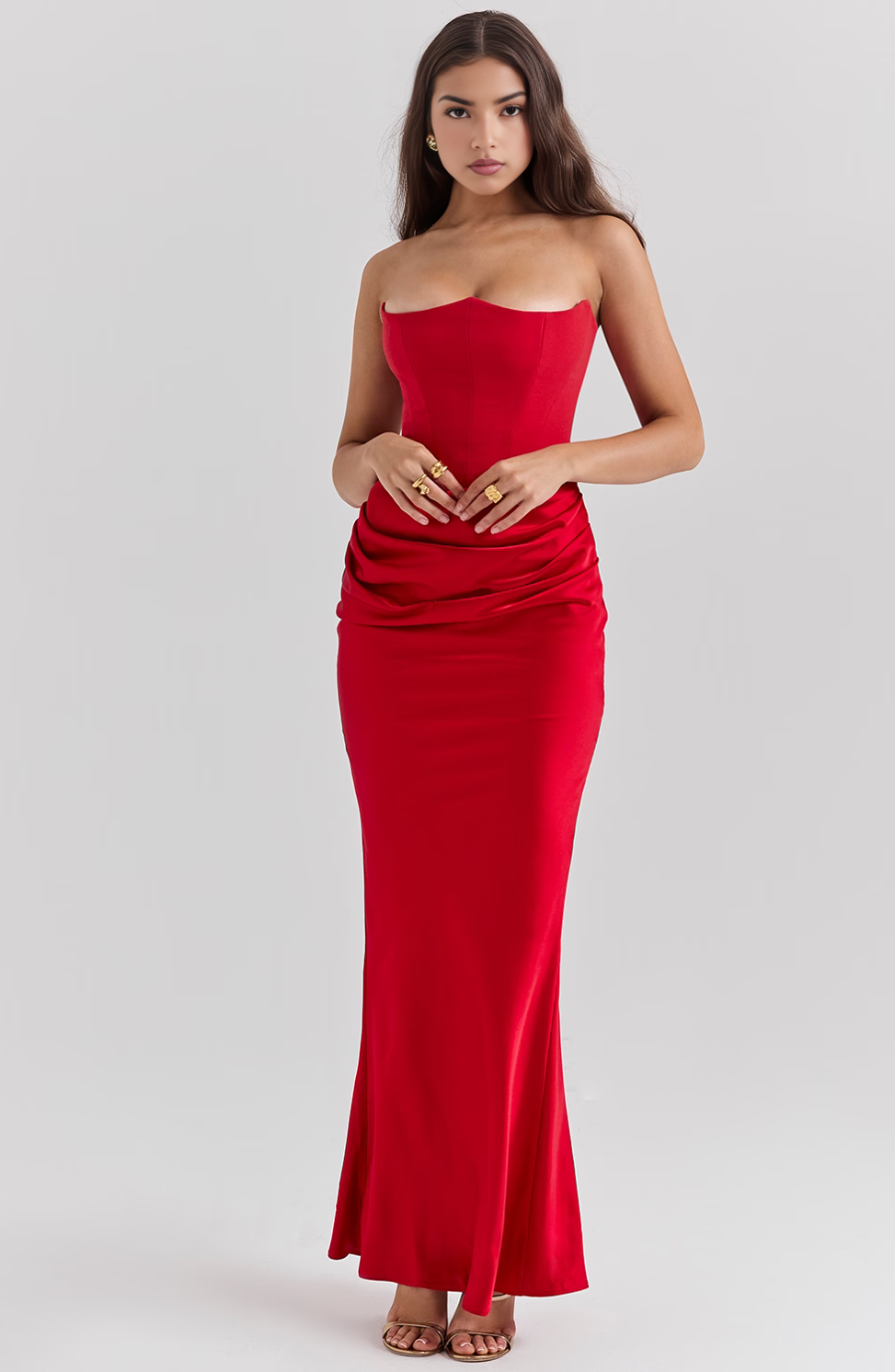 Women's Strapless Satin Maxi Dress with Structured Bodice and Flowing Length