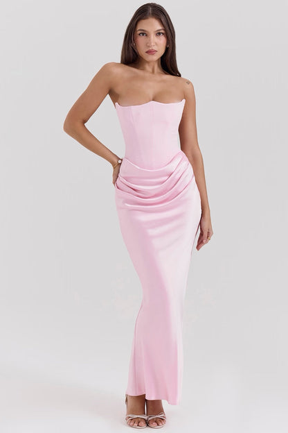 Women's Strapless Satin Maxi Dress with Structured Bodice and Flowing Length