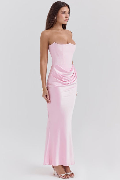 Women's Strapless Satin Maxi Dress with Structured Bodice and Flowing Length