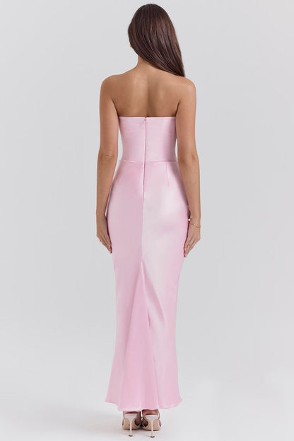 Women's Strapless Satin Maxi Dress with Structured Bodice and Flowing Length