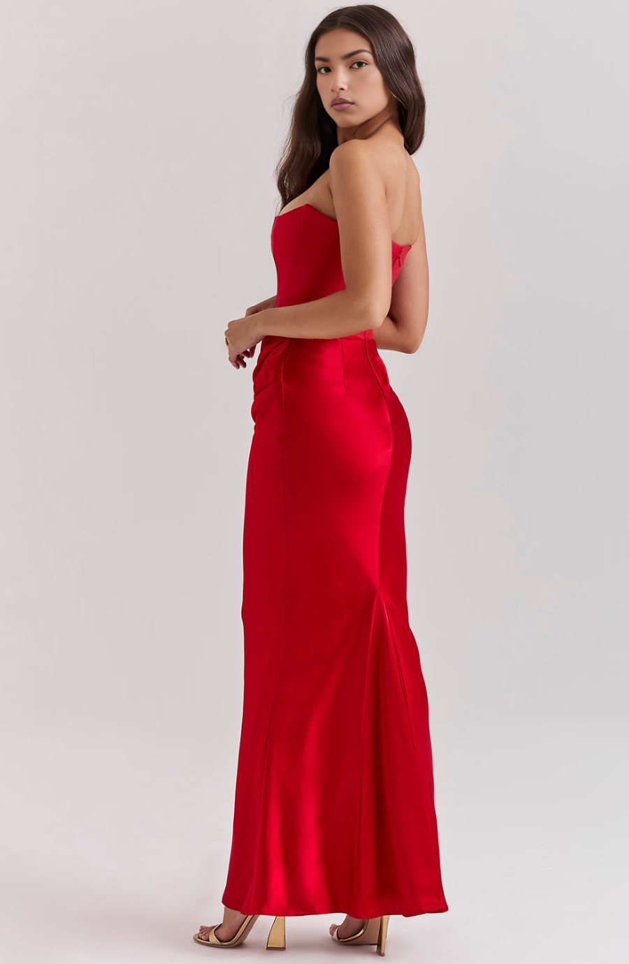 Women's Strapless Satin Maxi Dress with Structured Bodice and Flowing Length