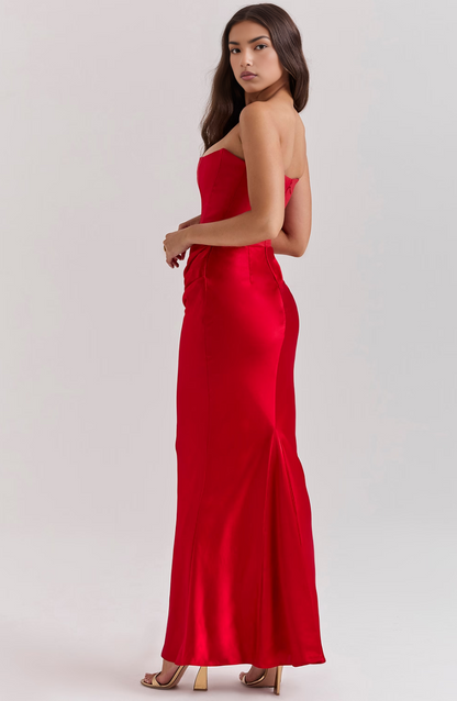 Women's Strapless Satin Maxi Dress with Structured Bodice and Flowing Length